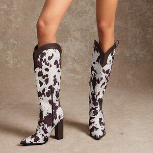 Multicolor Casual Women's Block Heel Snip Toe Cow Print Tall Western Boots